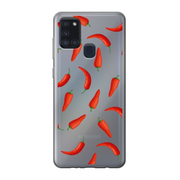 Transparant flexibel Samsung Galaxy A21s hoesje met Rode Pepers - Transparant Chili Pepper Patroon