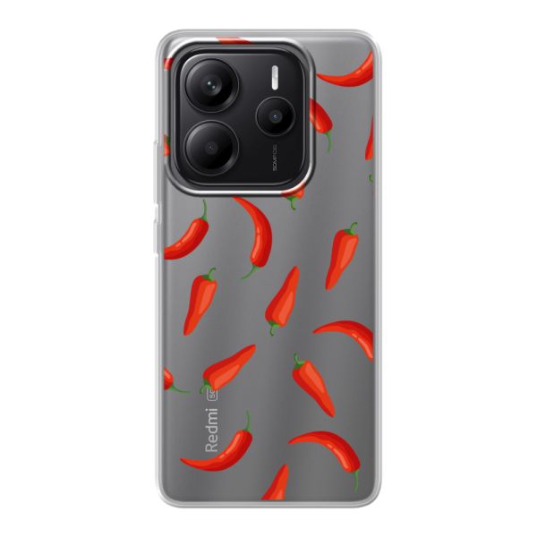 Funda Xiaomi Redmi Note 14 5G flexible transparente con Chiles Rojos - Patrón Transparente Chili Pepper