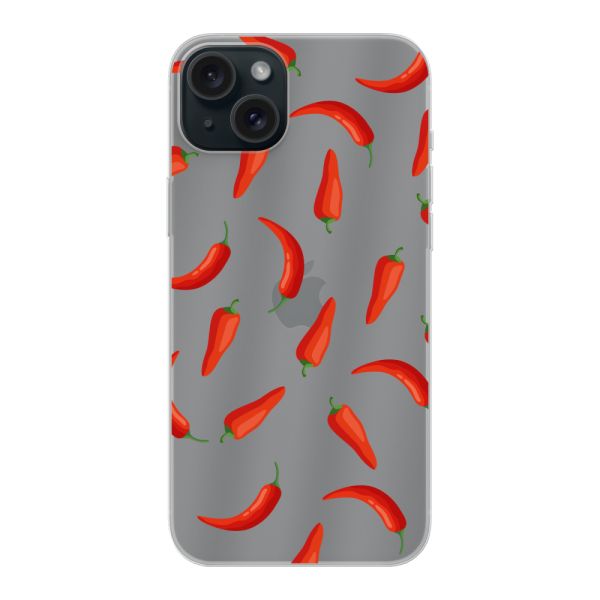 Funda iPhone 15 Plus flexible transparente con Chiles Rojos - Patrón Transparente Chili Pepper