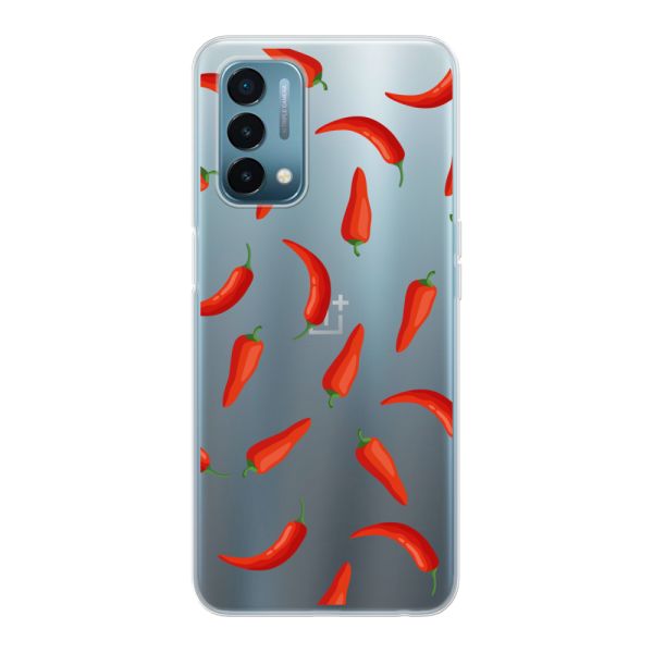 Funda OnePlus Nord N200 5G flexible transparente con Chiles Rojos - Patrón Transparente Chili Pepper