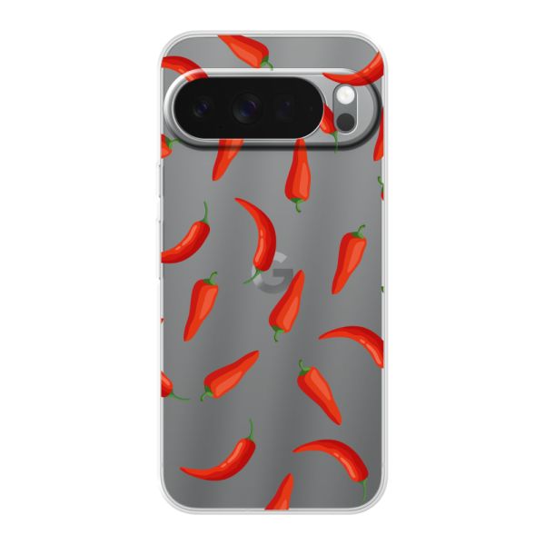 Funda Google Pixel 10 Pro XL flexible transparente con Chiles Rojos - Patrón Transparente Chili Pepper