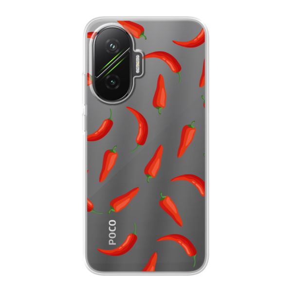 Funda Xiaomi Poco F7 flexible transparente con Chiles Rojos - Patrón Transparente Chili Pepper