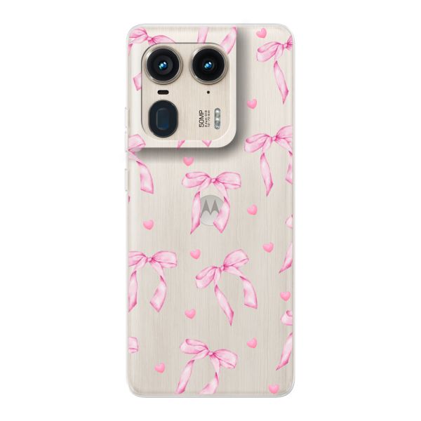 Funda Motorola Moto Edge 50 Ultra flexible transparente con lazos y corazones rosas