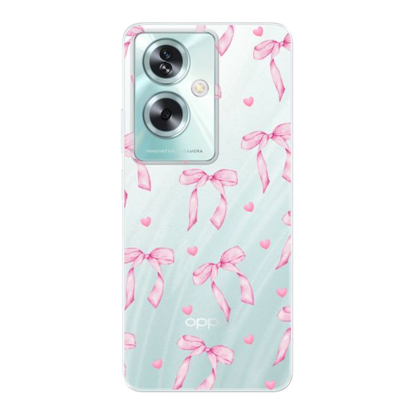 Funda Oppo A79 flexible transparente con lazos y corazones rosas