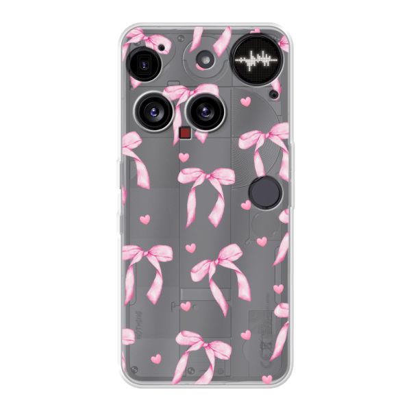 Funda Nothing Phone (3) flexible transparente con lazos y corazones rosas