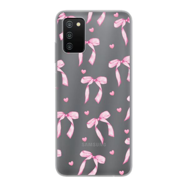 Funda Samsung Galaxy A03s flexible transparente con lazos y corazones rosas