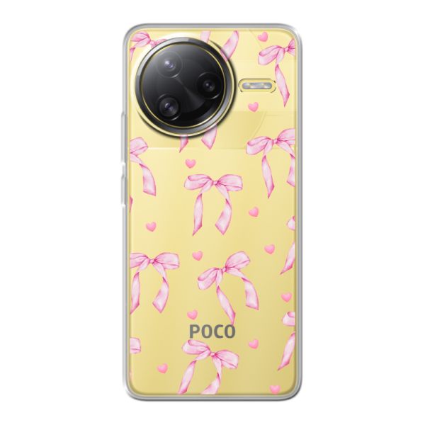Funda Xiaomi Poco F7 Ultra flexible transparente con lazos y corazones rosas