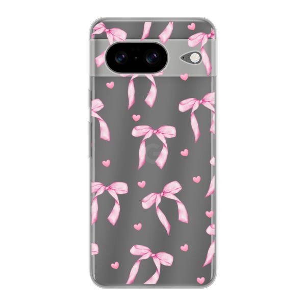 Funda Google Pixel 8 flexible transparente con lazos y corazones rosas