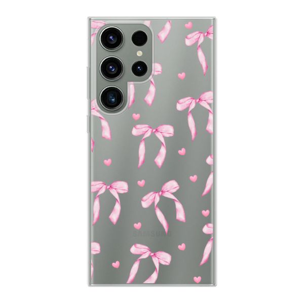 Funda Samsung Galaxy S23 Ultra flexible transparente con lazos y corazones rosas