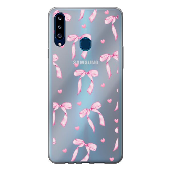 Funda Samsung Galaxy A20s flexible transparente con lazos y corazones rosas
