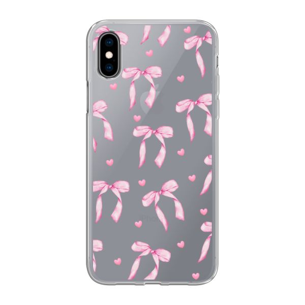 Funda iPhone X flexible transparente con lazos y corazones rosas