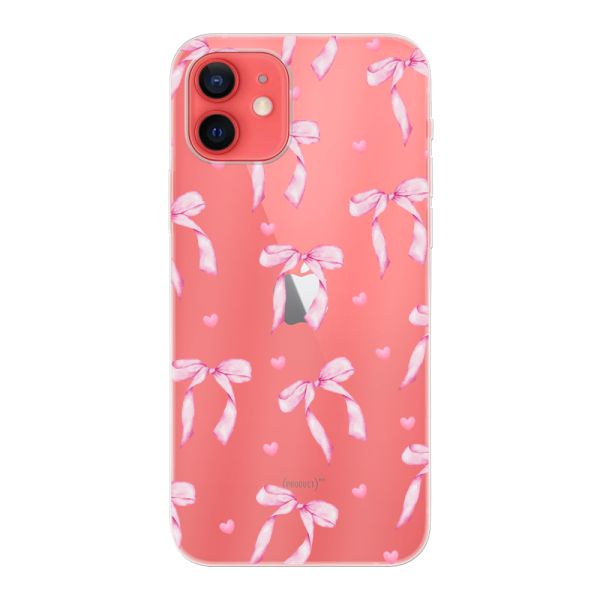 Funda iPhone 12 flexible transparente con lazos y corazones rosas