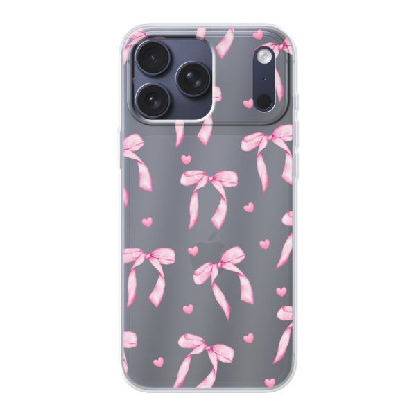 Funda iPhone 17 Pro Max flexible transparente con lazos y corazones rosas