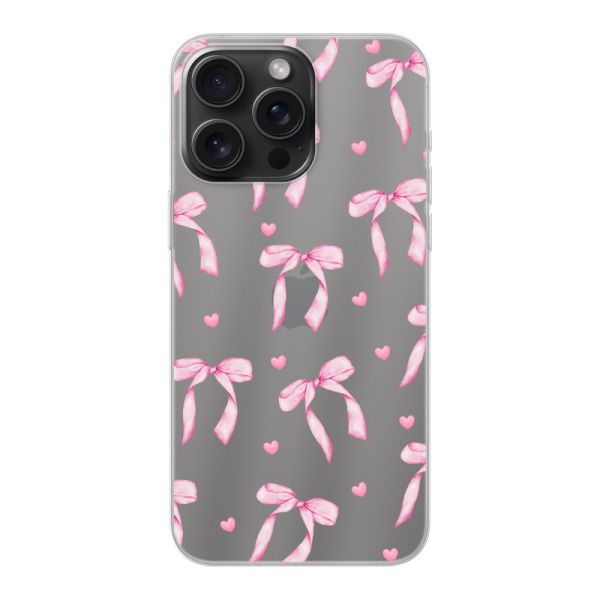 Funda iPhone 15 Pro Max flexible transparente con lazos y corazones rosas