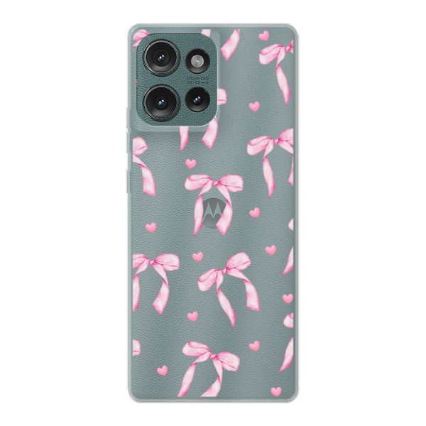 Funda Motorola Edge 50 flexible transparente con lazos y corazones rosas