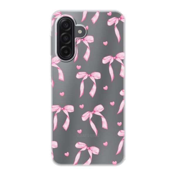 Funda Samsung Galaxy A17 4G flexible transparente con lazos y corazones rosas