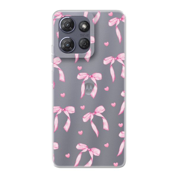 Funda Motorola Moto G Power (2025) flexible transparente con lazos y corazones rosas