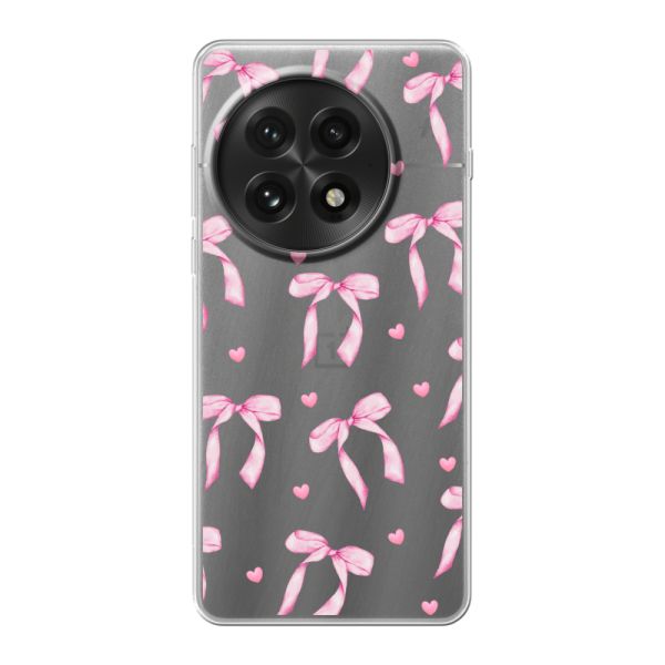 Funda OnePlus 13 flexible transparente con lazos y corazones rosas