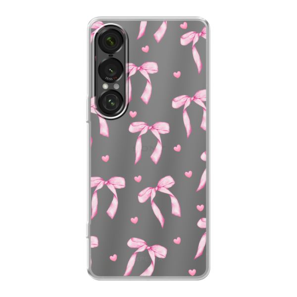 Funda Sony Xperia 1 VII flexible transparente con lazos y corazones rosas