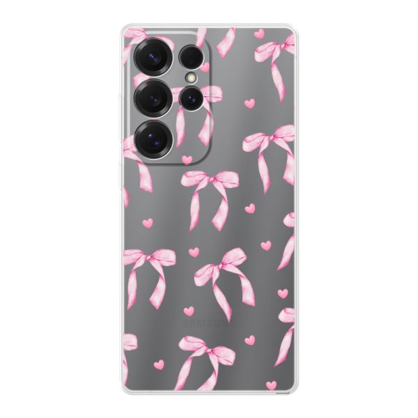 Funda Samsung Galaxy S25 Ultra flexible transparente con lazos y corazones rosas