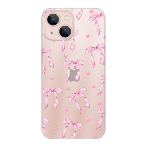 Funda iPhone 13 flexible transparente con lazos y corazones rosas