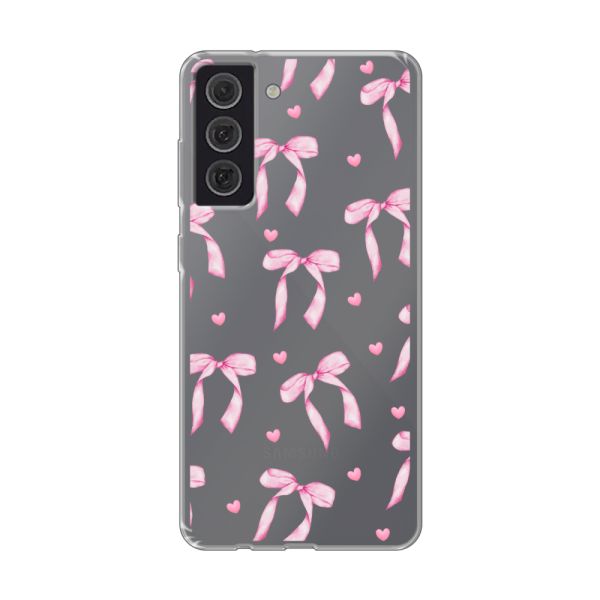 Funda Samsung Galaxy S21 FE flexible transparente con lazos y corazones rosas
