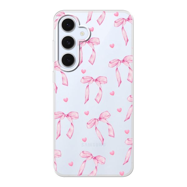 Funda Samsung Galaxy S24 FE flexible transparente con lazos y corazones rosas