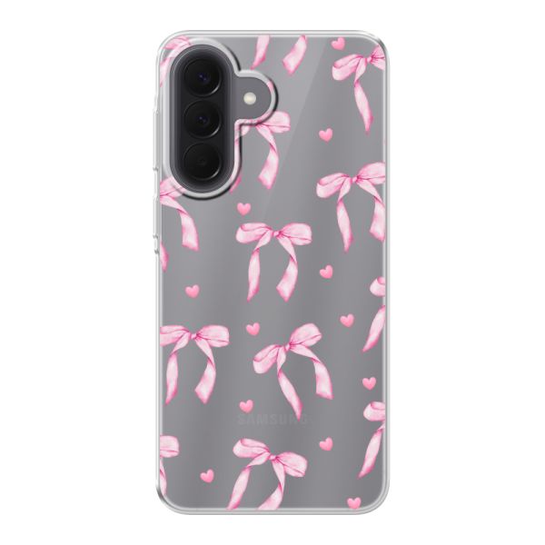Funda Samsung Galaxy A57 flexible transparente con lazos y corazones rosas