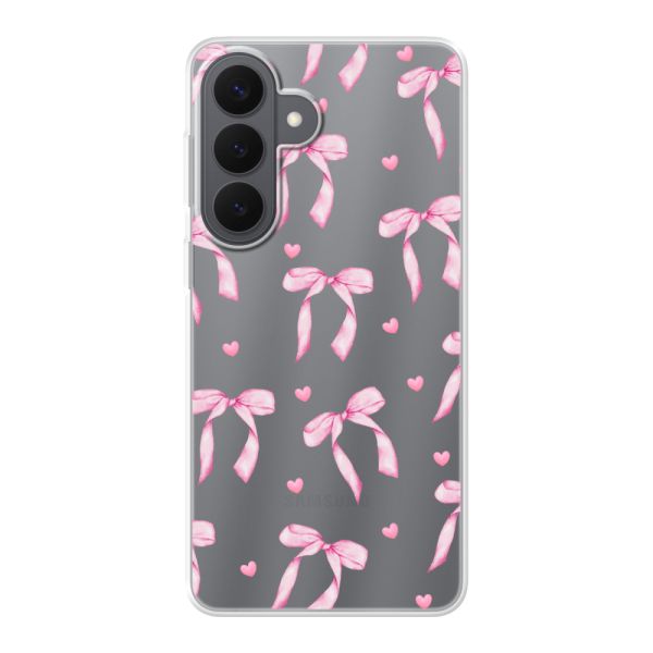 Funda Samsung Galaxy S26 Plus flexible transparente con lazos y corazones rosas