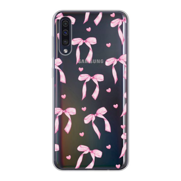 Funda Samsung Galaxy A50 flexible transparente con lazos y corazones rosas