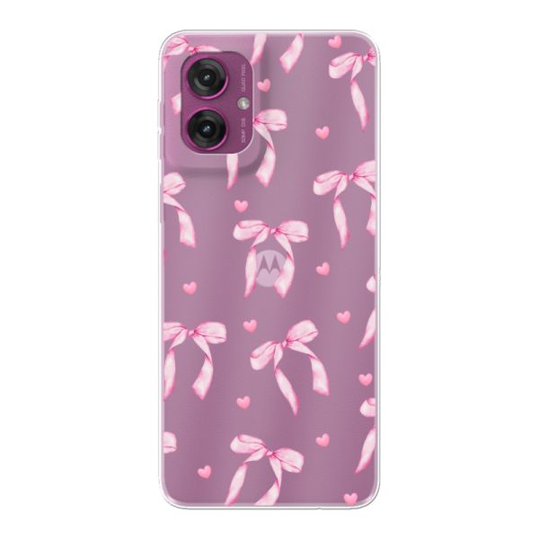 Funda Motorola Moto G55 flexible transparente con lazos y corazones rosas