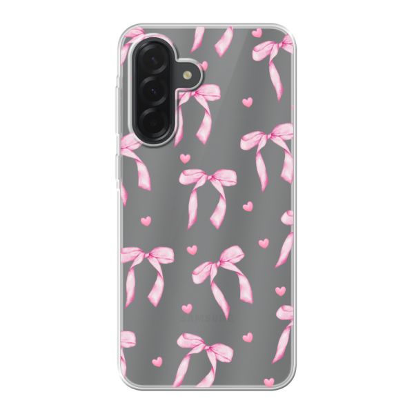 Funda Samsung Galaxy A36 flexible transparente con lazos y corazones rosas