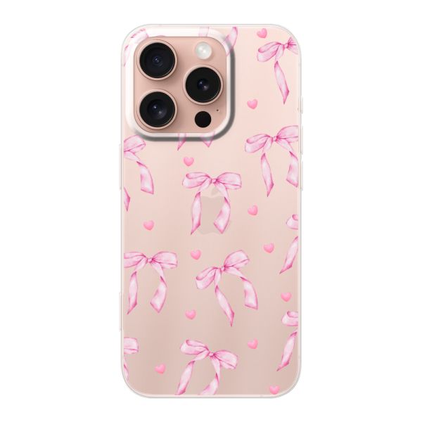 Funda iPhone 16 Pro flexible transparente con lazos y corazones rosas