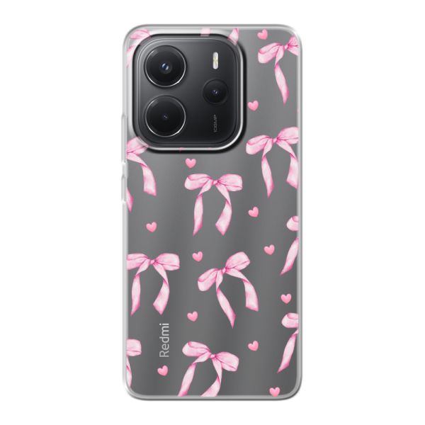Funda Xiaomi Redmi Note 14 4G flexible transparente con lazos y corazones rosas