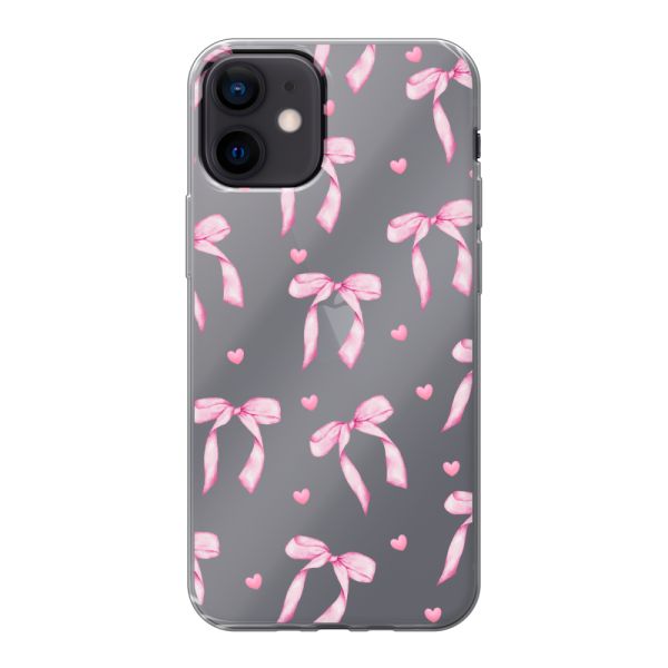 Funda iPhone 12 mini flexible transparente con lazos y corazones rosas