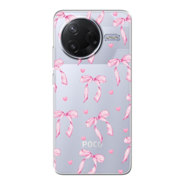 Funda Xiaomi Poco F7 Pro flexible transparente con lazos y corazones rosas
