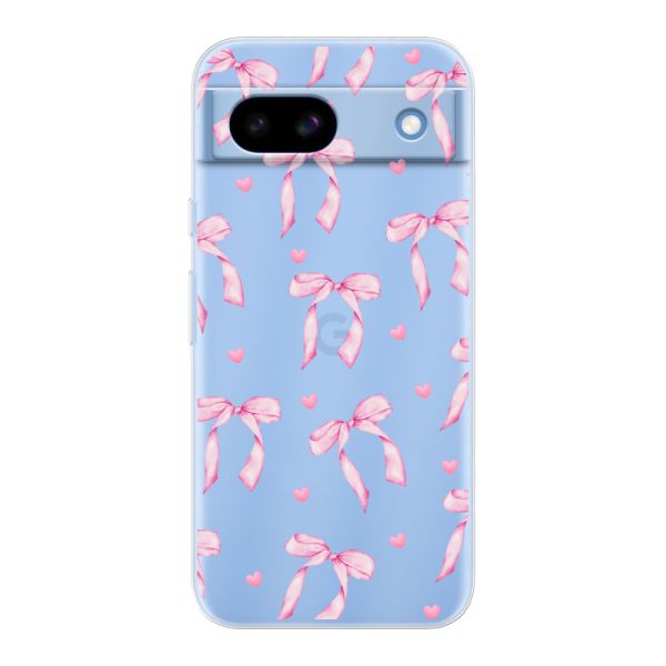 Funda Google Pixel 8a flexible transparente con lazos y corazones rosas