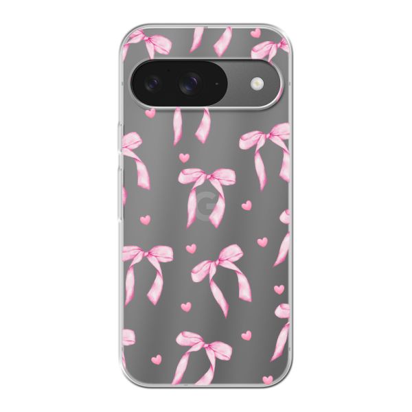 Funda Google Pixel 9 flexible transparente con lazos y corazones rosas