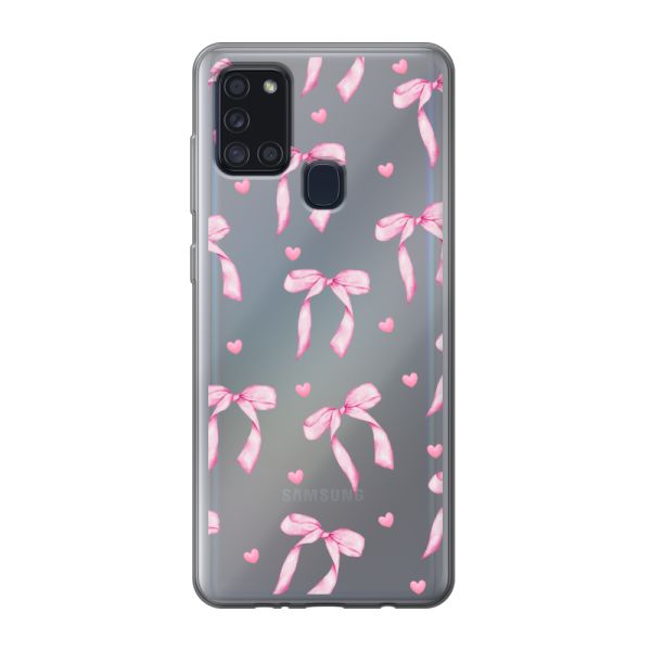 Transparant flexibel Samsung Galaxy A21s hoesje met Roze Strikjes en Hartjes