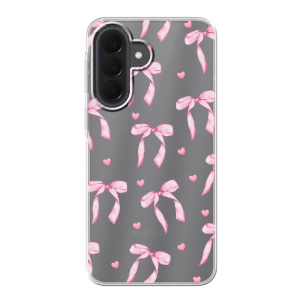 Funda Samsung Galaxy A37 flexible transparente con lazos y corazones rosas