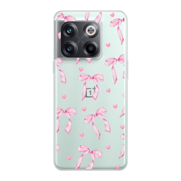 Funda OnePlus 10T flexible transparente con lazos y corazones rosas