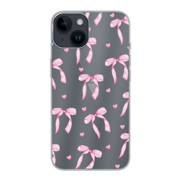 Funda iPhone 14 flexible transparente con lazos y corazones rosas