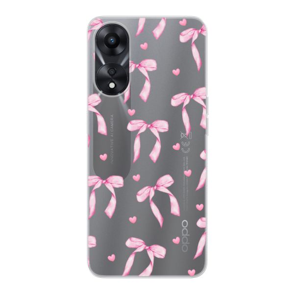 Coque Oppo A78 5G flexible transparente avec nœuds et cœurs roses