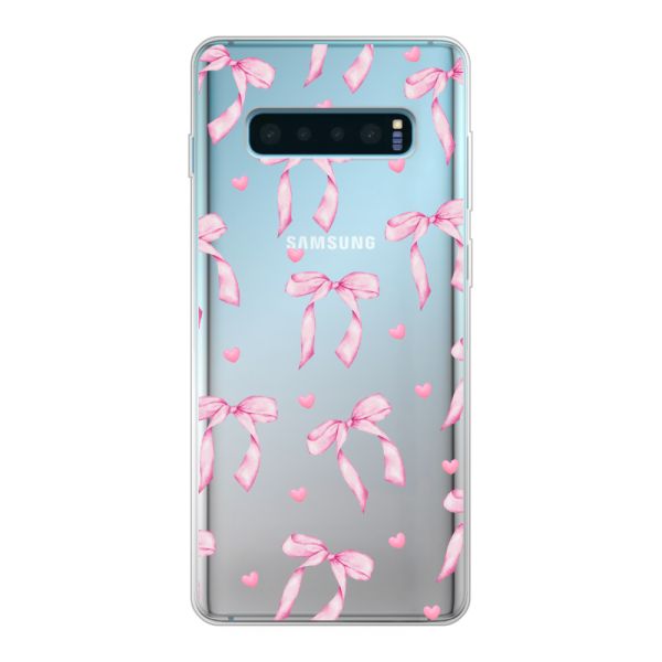 Funda Samsung Galaxy S10 Plus flexible transparente con lazos y corazones rosas