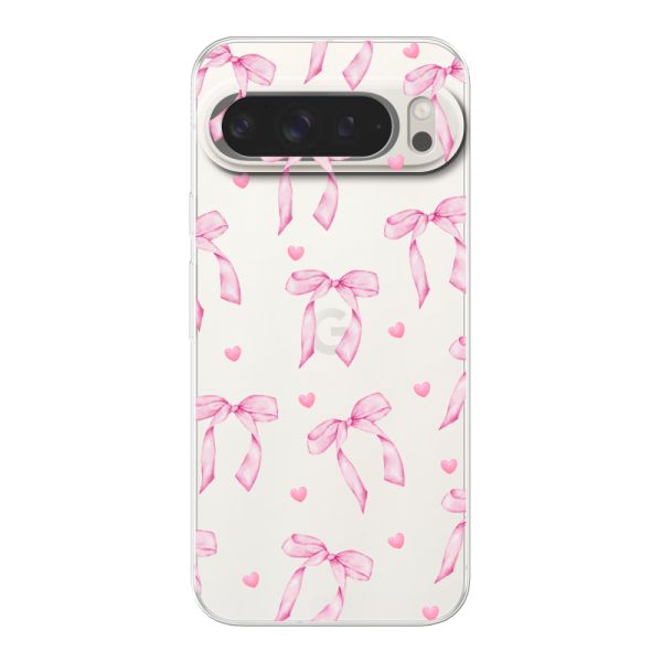 Funda Google Pixel 9 Pro XL flexible transparente con lazos y corazones rosas