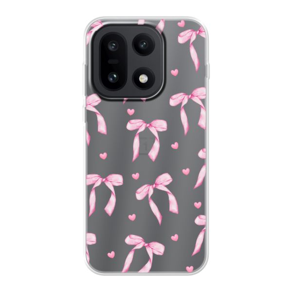 Funda OnePlus 15 flexible transparente con lazos y corazones rosas