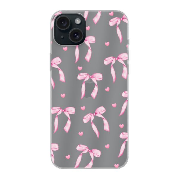 Funda iPhone 15 Plus flexible transparente con lazos y corazones rosas