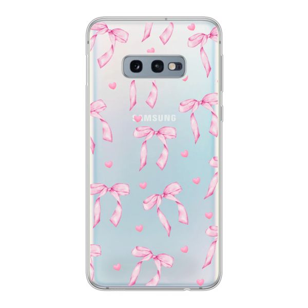 Funda Samsung Galaxy S10e flexible transparente con lazos y corazones rosas