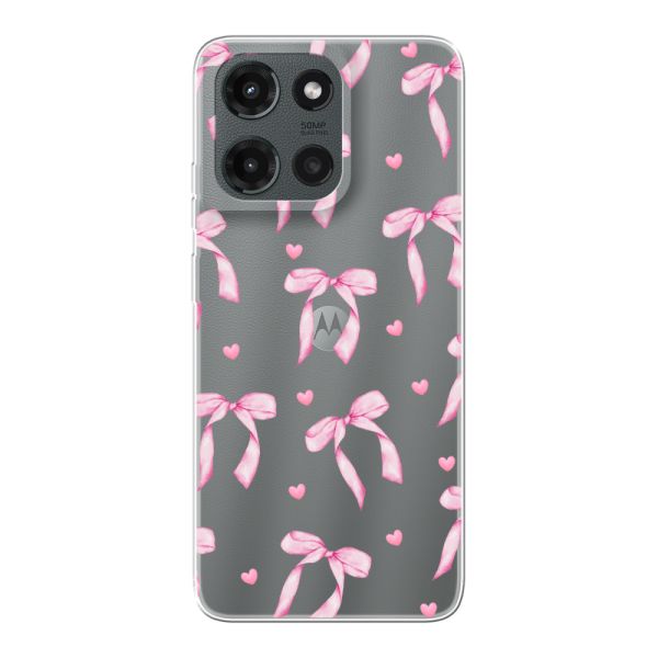 Funda Motorola Moto G (2025) flexible transparente con lazos y corazones rosas