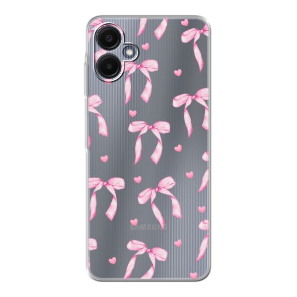 Funda Samsung Galaxy A06 flexible transparente con lazos y corazones rosas